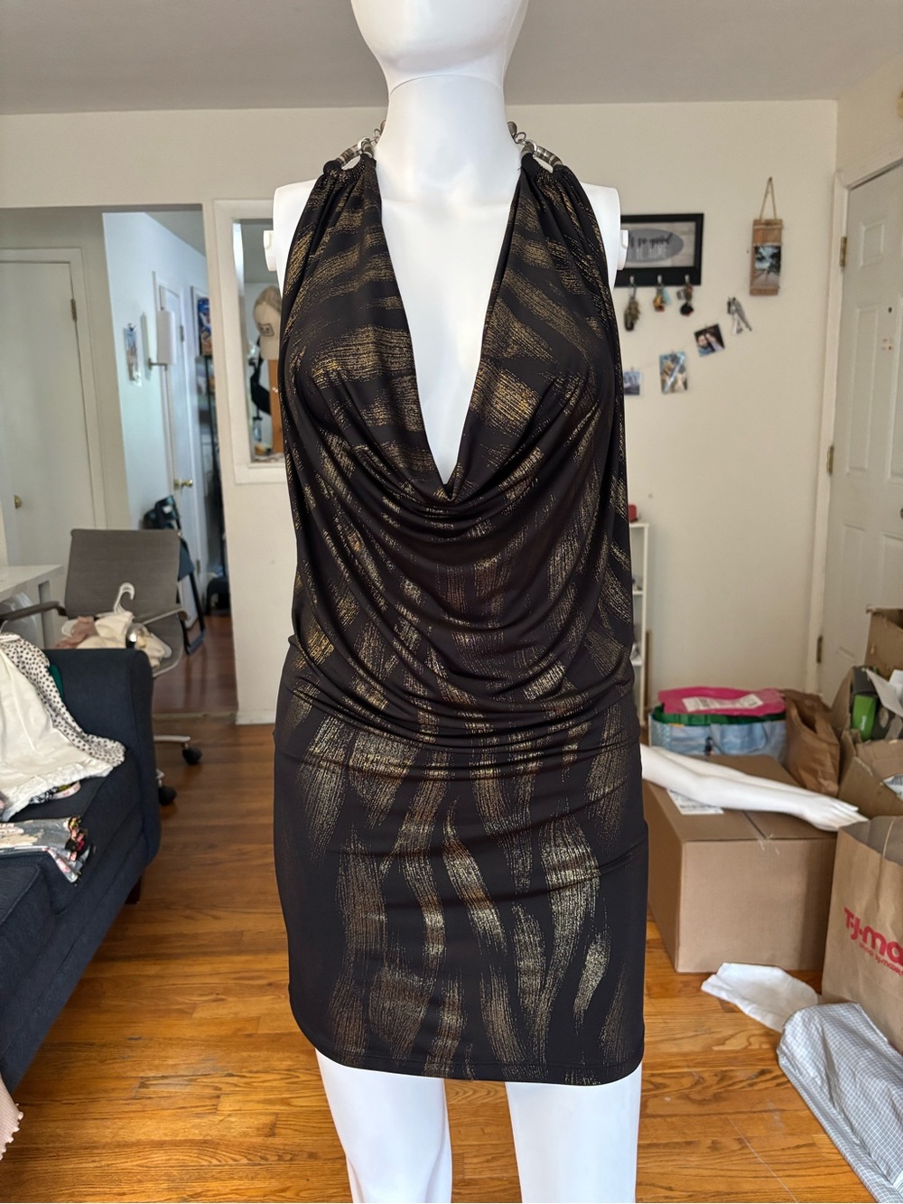 Black Gold Metallic Halter Cowl Neck Backless Mini Dress Party S low-cut stretch